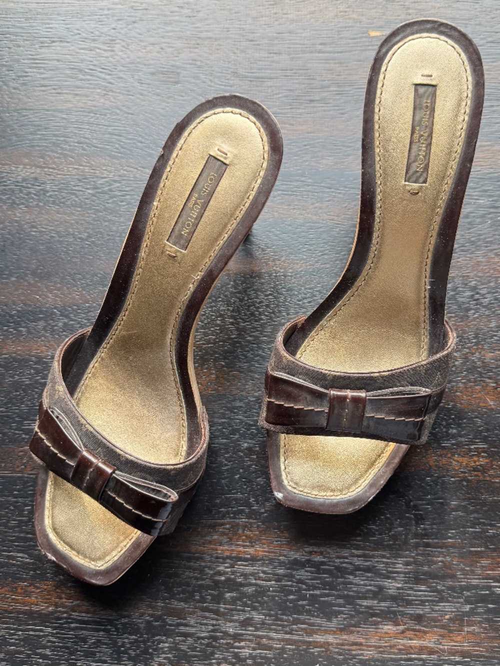 LOUIS VUITTON Monogram Brown Bow Wooden Clog Sandals